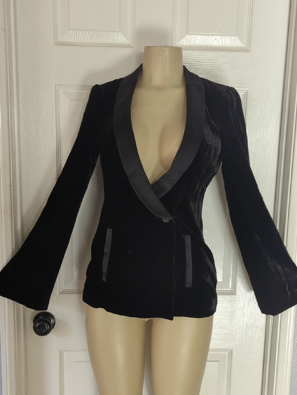 Black Velvet Blazer with Satin Trim - Women Jackets & Coats